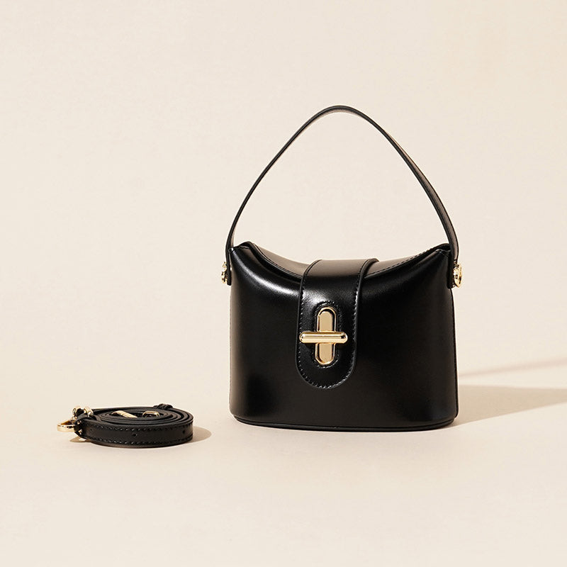 Women’s Minimalist Vintage Leather Lock-Clasp Crossbody Bucket Bag image 2