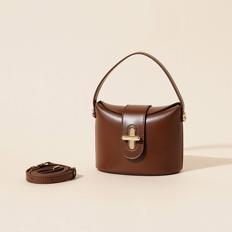 Women’s Minimalist Vintage Leather Lock-Clasp Crossbody Bucket Bag image 5