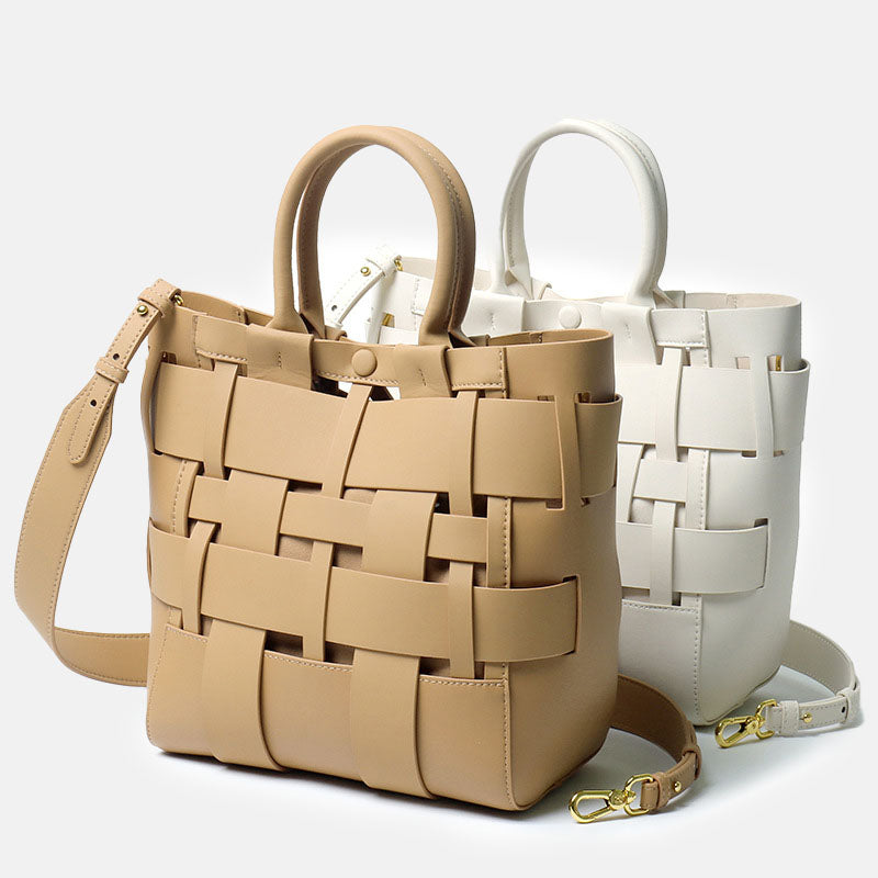 Women’s Minimalist Woven Genuine Leather Crossbody Bucket Bags image 6