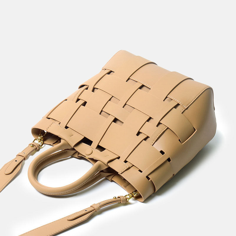 Women’s Minimalist Woven Genuine Leather Crossbody Bucket Bags image 4