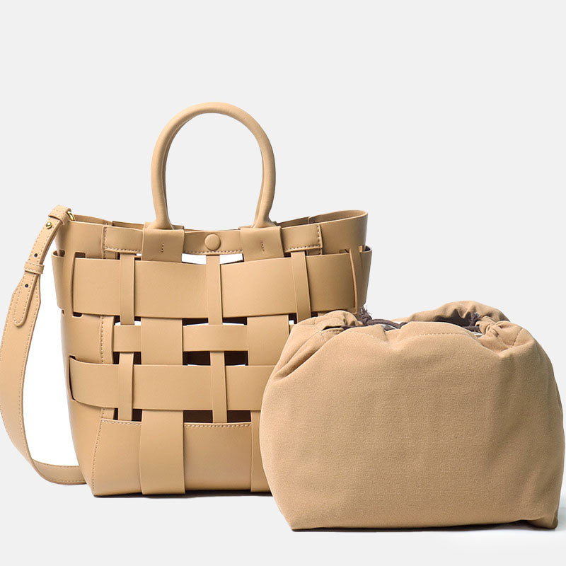 Women’s Minimalist Woven Genuine Leather Crossbody Bucket Bags image 3