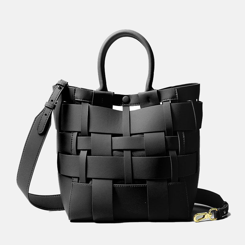 Women’s Minimalist Woven Genuine Leather Crossbody Bucket Bags image
