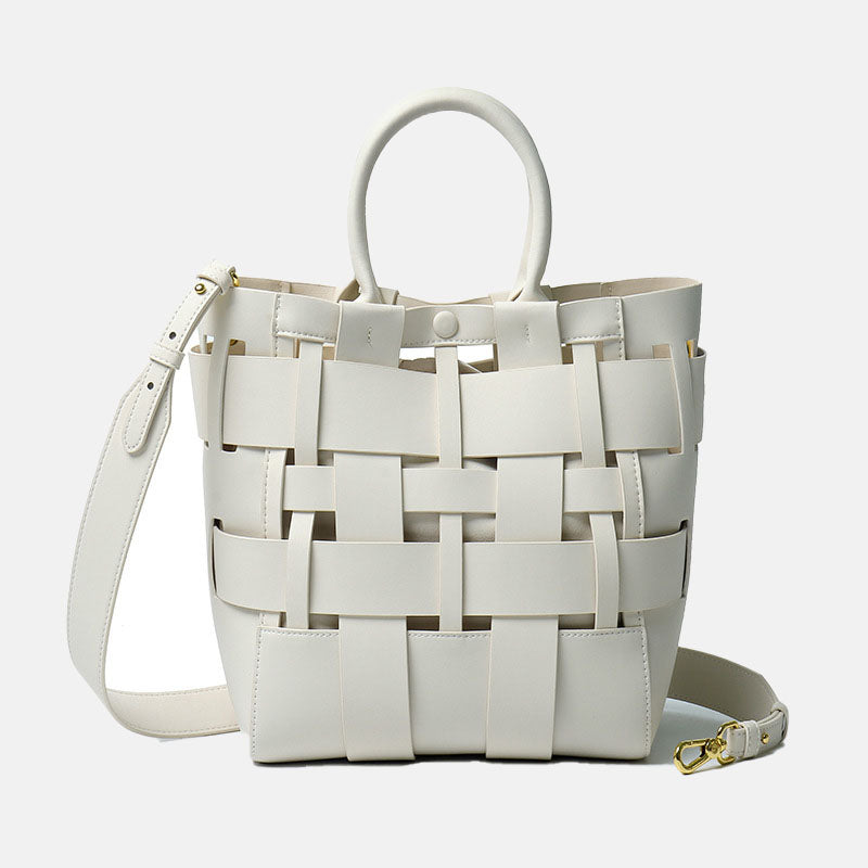 Women’s Minimalist Woven Genuine Leather Crossbody Bucket Bags image 7