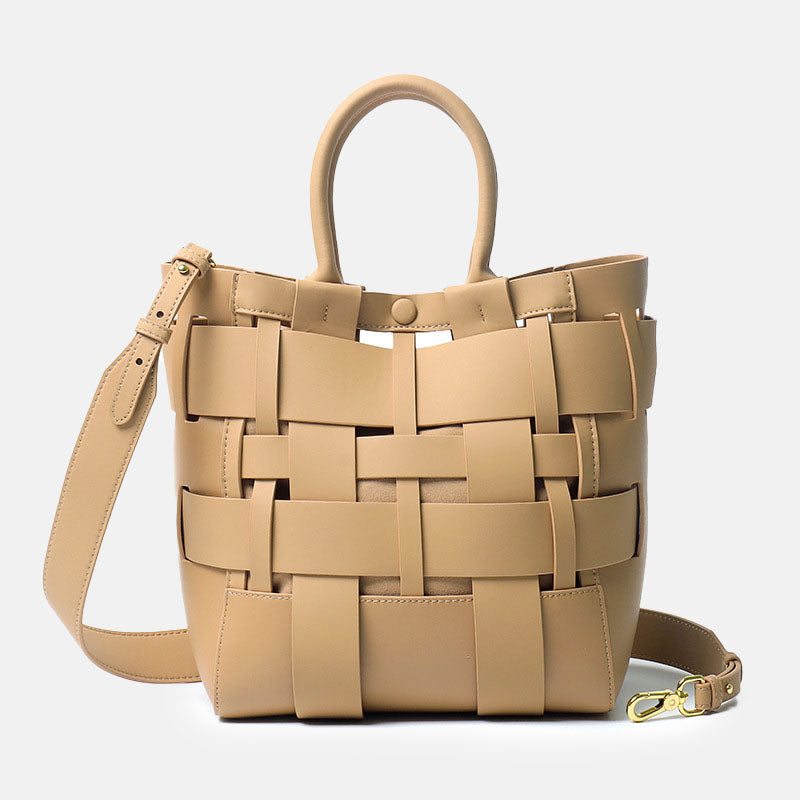 Women’s Minimalist Woven Genuine Leather Crossbody Bucket Bags image 2