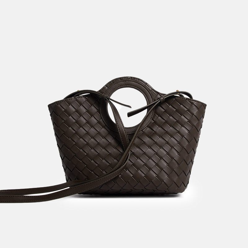 Women’s Minimalist Woven Leather Circular Handle Tote Bag image 3