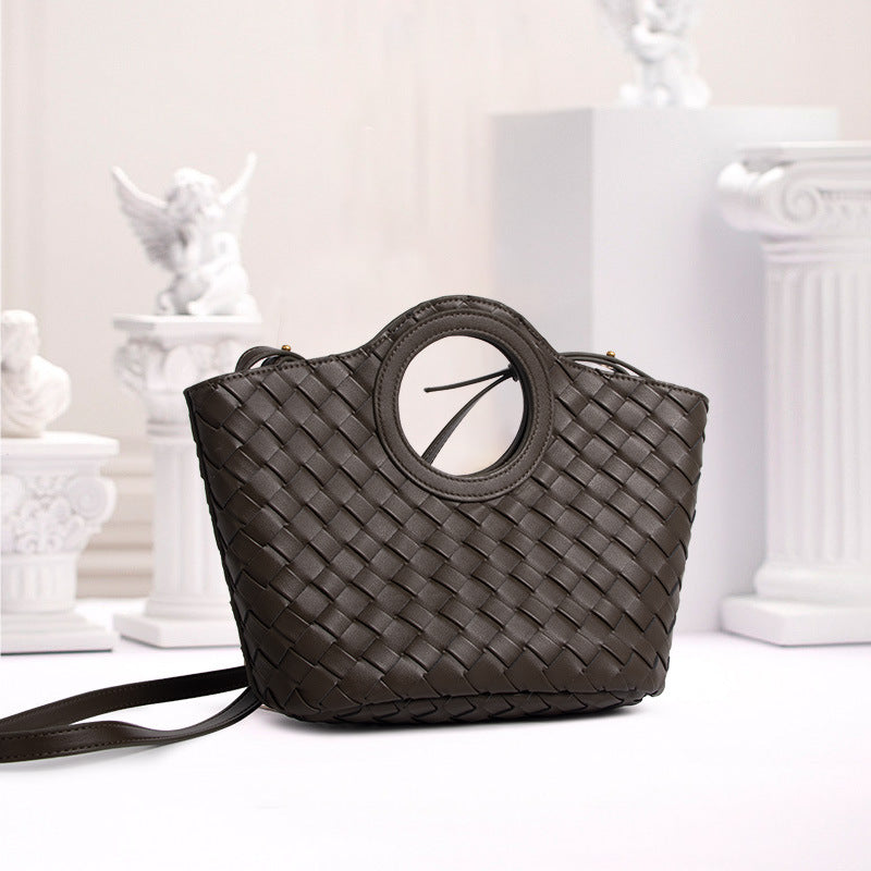 Women’s Minimalist Woven Leather Circular Handle Tote Bag image 5