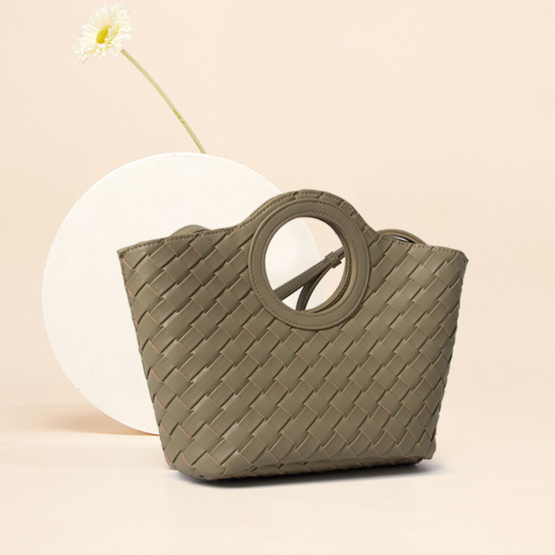 Women’s Minimalist Woven Leather Circular Handle Tote Bag image 7