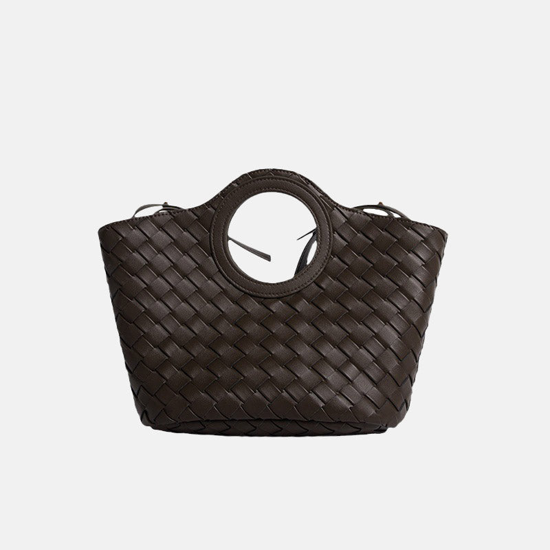 Women’s Minimalist Woven Leather Circular Handle Tote Bag image 2