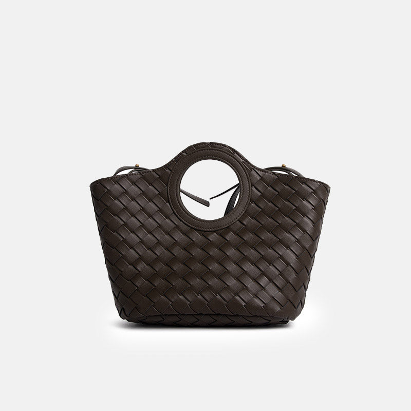 Women’s Minimalist Woven Leather Circular Handle Tote Bag image