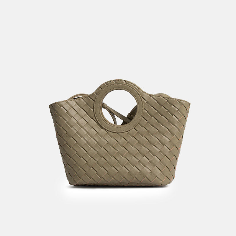 Women’s Minimalist Woven Leather Circular Handle Tote Bag image 6