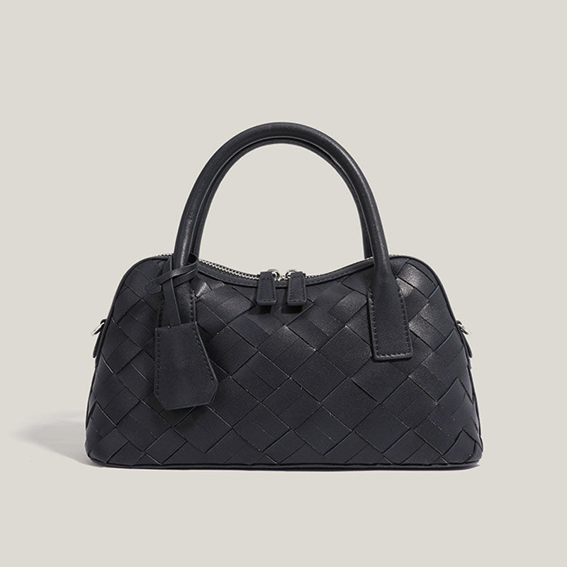 Women’s Minimalist Woven Split Leather Bowling Handbag image 6