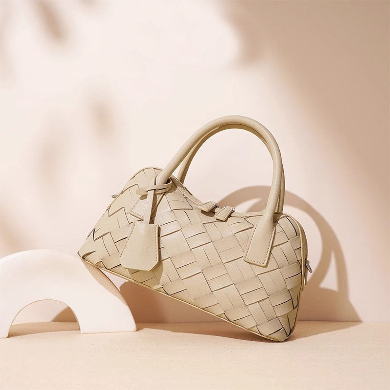 Women’s Minimalist Woven Split Leather Bowling Handbag image 2