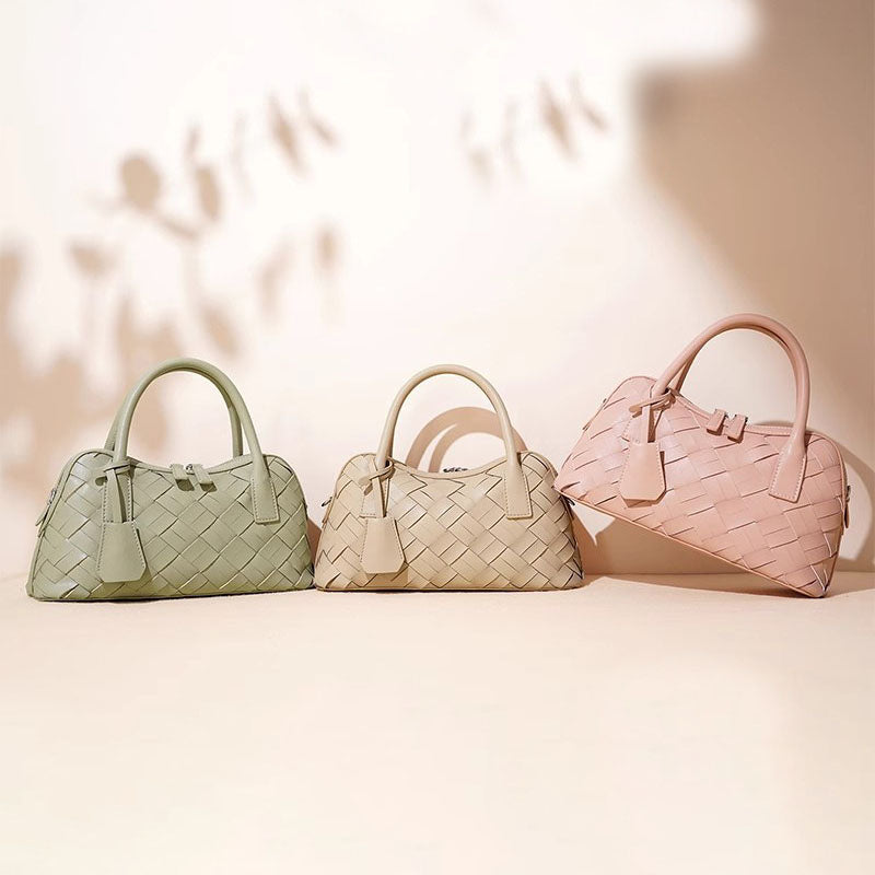 Women’s Minimalist Woven Split Leather Bowling Handbag image 3