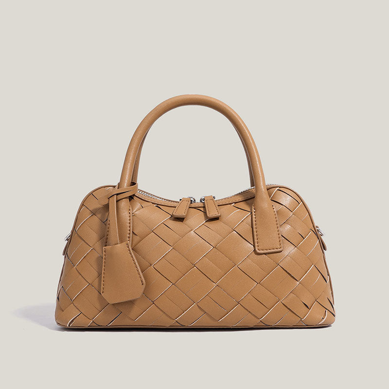 Women’s Minimalist Woven Split Leather Bowling Handbag image 7