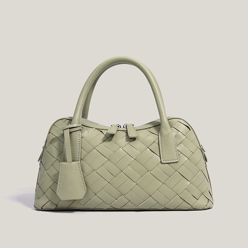 Women’s Minimalist Woven Split Leather Bowling Handbag image 4