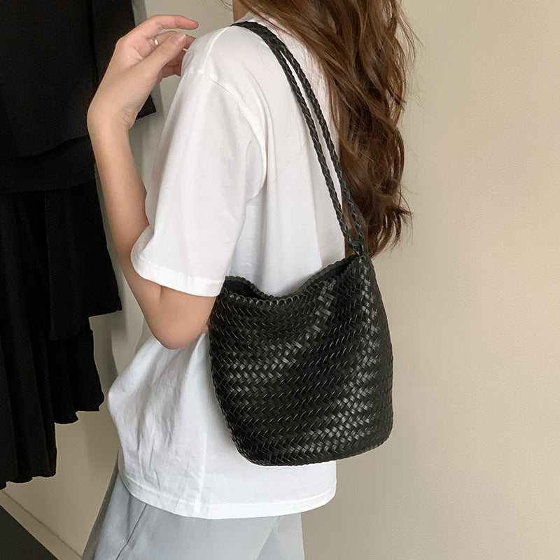 Women’s Minimalist Woven Top-Grain Leather Crossbody Shoulder Bucket Bag image 3