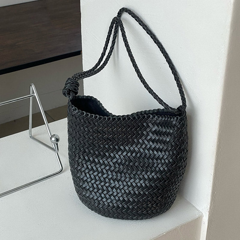 Women’s Minimalist Woven Top-Grain Leather Crossbody Shoulder Bucket Bag image 2