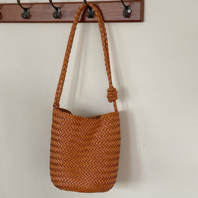 Women’s Minimalist Woven Top-Grain Leather Crossbody Shoulder Bucket Bag image 4