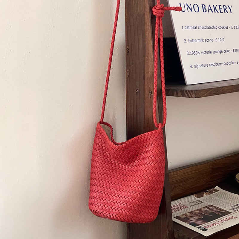 Women’s Minimalist Woven Top-Grain Leather Crossbody Shoulder Bucket Bag image 9