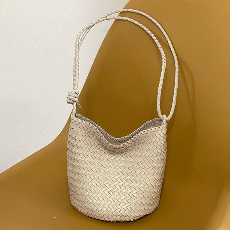 Women’s Minimalist Woven Top-Grain Leather Crossbody Shoulder Bucket Bag image 10