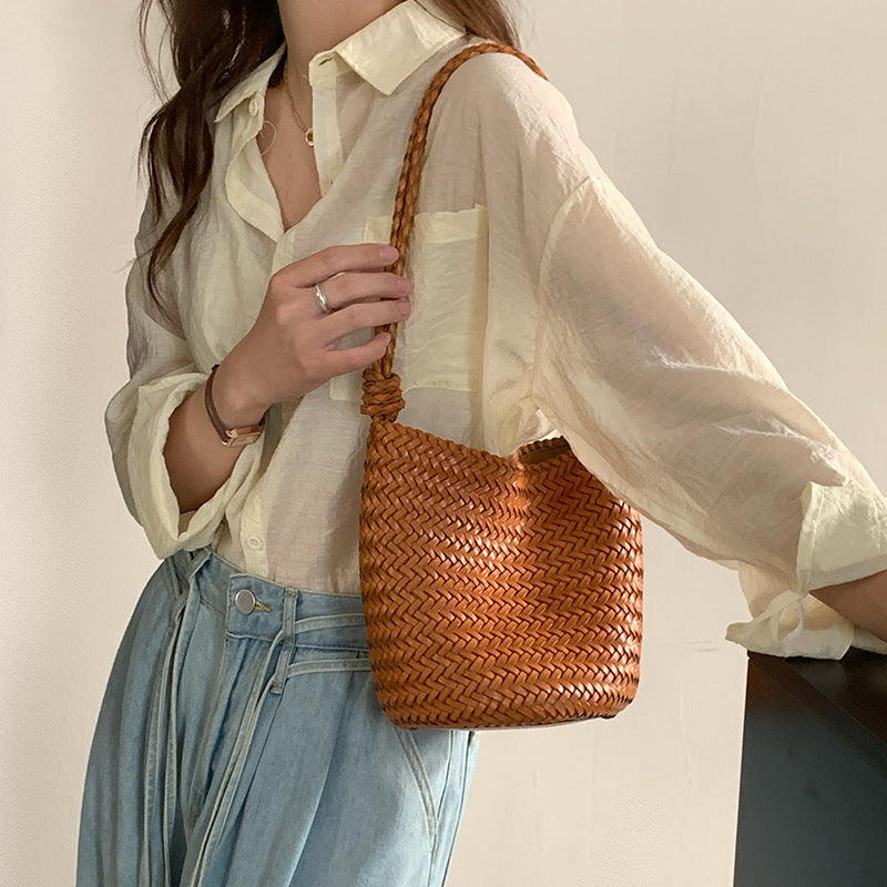 Women’s Minimalist Woven Top-Grain Leather Crossbody Shoulder Bucket Bag image 5