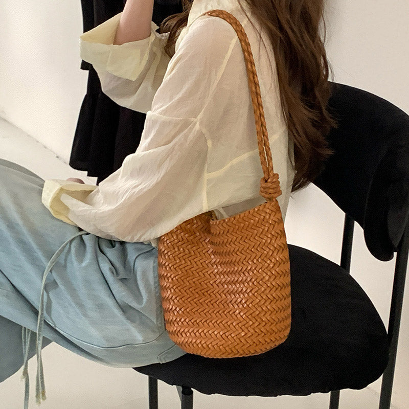 Women’s Minimalist Woven Top-Grain Leather Crossbody Shoulder Bucket Bag image 6
