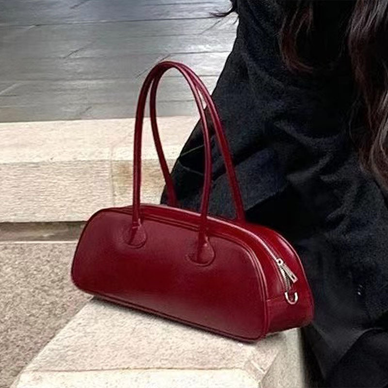 Women’s Minimalist Zipper Single Shoulder Baguette Bag in Genuine Leather image 4
