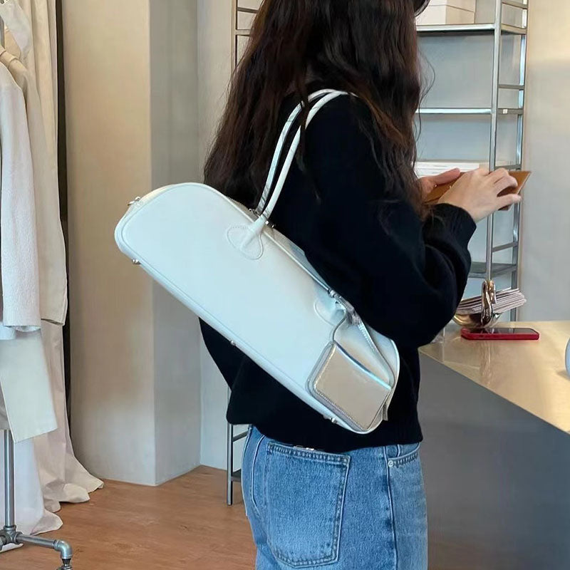 Women’s Minimalist Zipper Single Shoulder Baguette Bag in Genuine Leather image 8