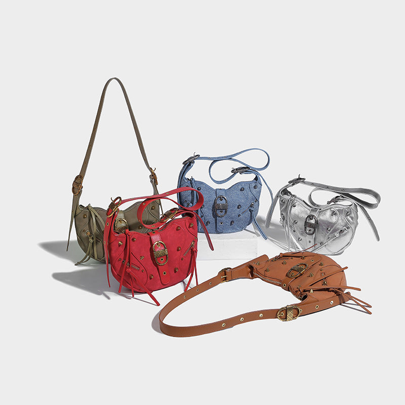 Women’s PU Material Studded Lock Corssbody Saddle Bag image 3
