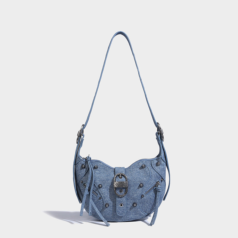 Women’s PU Material Studded Lock Corssbody Saddle Bag image 5