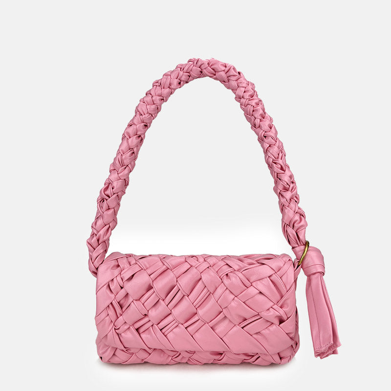 Women’s Pink Pleated Woven Waxed Genuine Leather Baguette Bag image