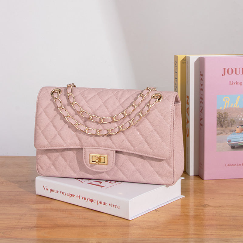 Women’s Quilted Genuine Leather Chain Strap Flap Bag with Lock Closure image 2