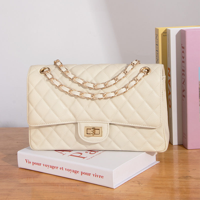 Women’s Quilted Genuine Leather Chain Strap Flap Bag with Lock Closure image 3