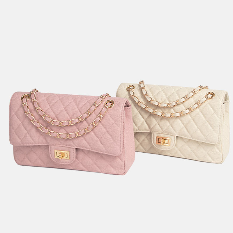 Women’s Quilted Genuine Leather Chain Strap Flap Bag with Lock Closure image 4