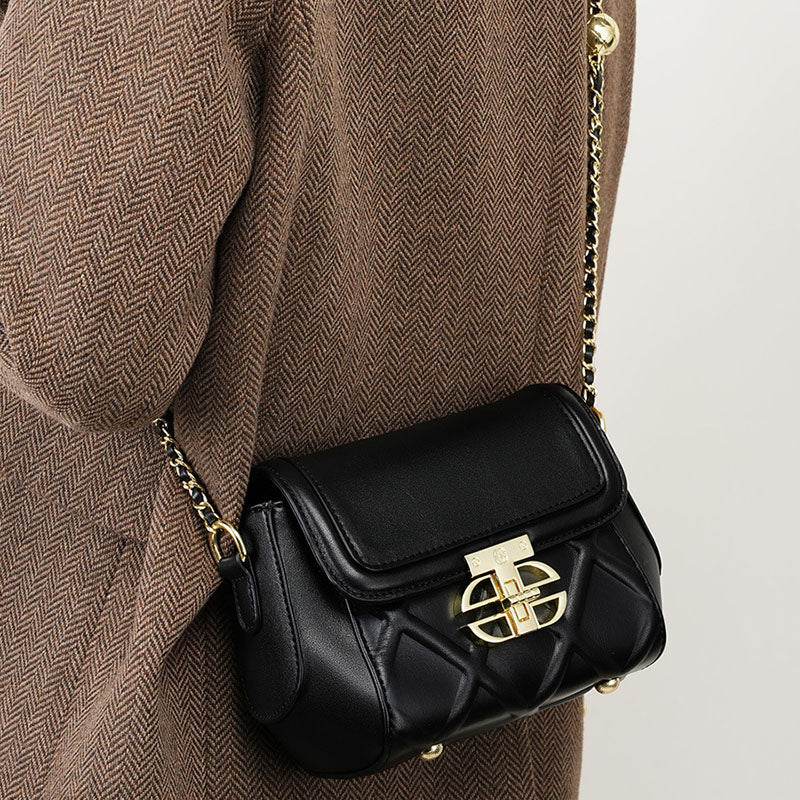 Women’s Quilted Genuine Leather Lock Buckle Crossbody Chain Bag Vintage Style image 5