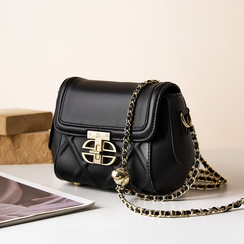Women’s Quilted Genuine Leather Lock Buckle Crossbody Chain Bag Vintage Style image 2