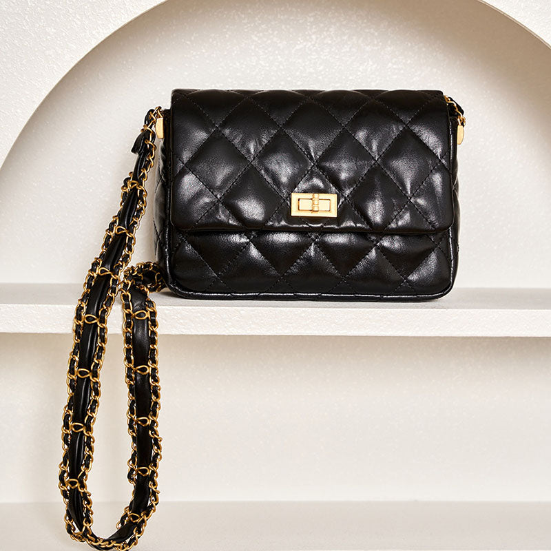 Women’s Quilted Genuine Leather Lock Buckle Crossbody Shoulder Chain Bag In Minimalist image 7