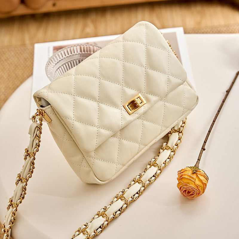 Women’s Quilted Genuine Leather Lock Buckle Crossbody Shoulder Chain Bag In Minimalist image 2