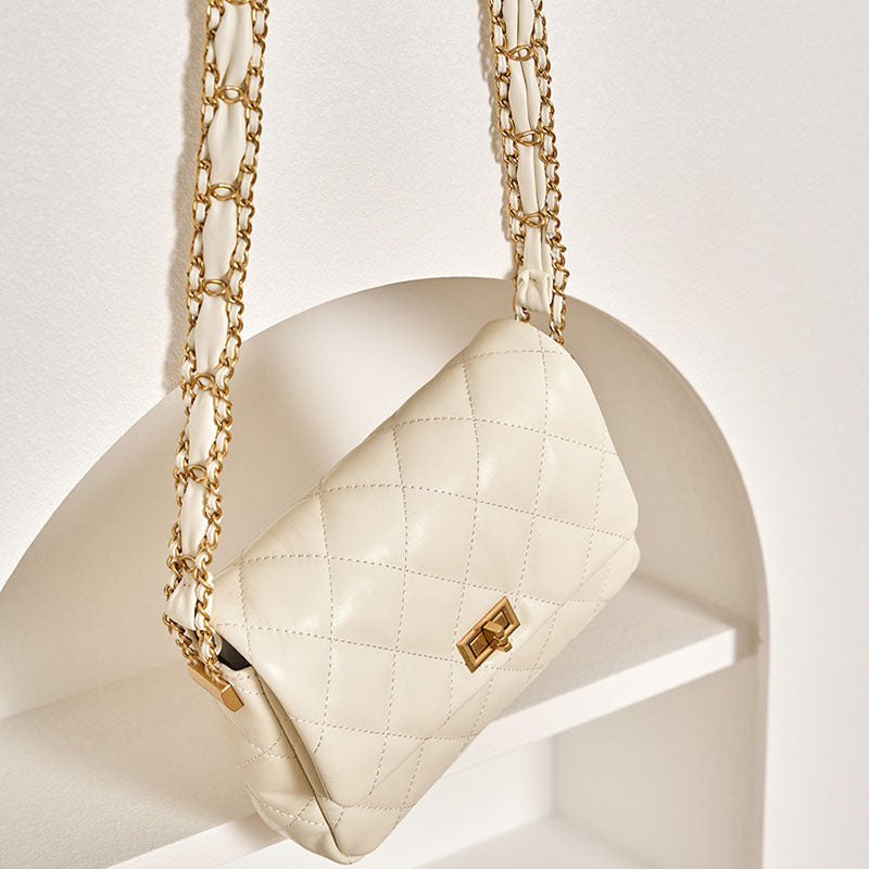 Women’s Quilted Genuine Leather Lock Buckle Crossbody Shoulder Chain Bag In Minimalist image 3