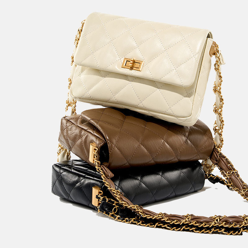 Women’s Quilted Genuine Leather Lock Buckle Crossbody Shoulder Chain Bag In Minimalist image 4