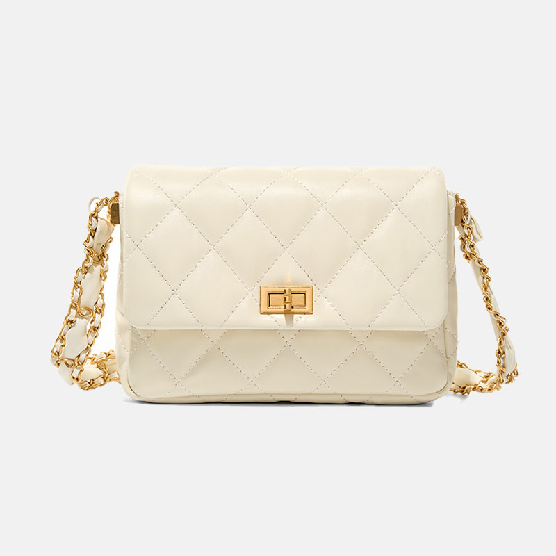 Women’s Quilted Genuine Leather Lock Buckle Crossbody Shoulder Chain Bag In Minimalist image