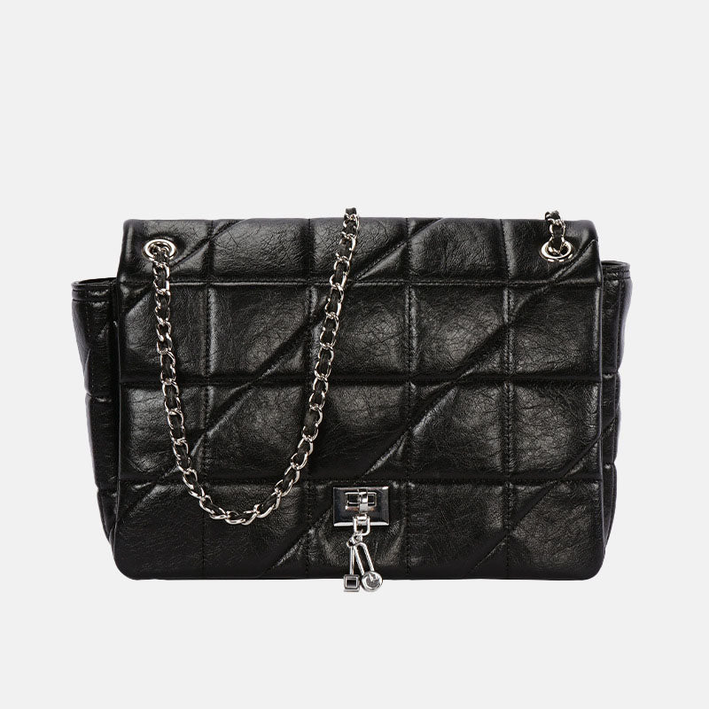 Women’s Quilted Genuine Leather Lock Charm Chain Strap Shoulder Bag image