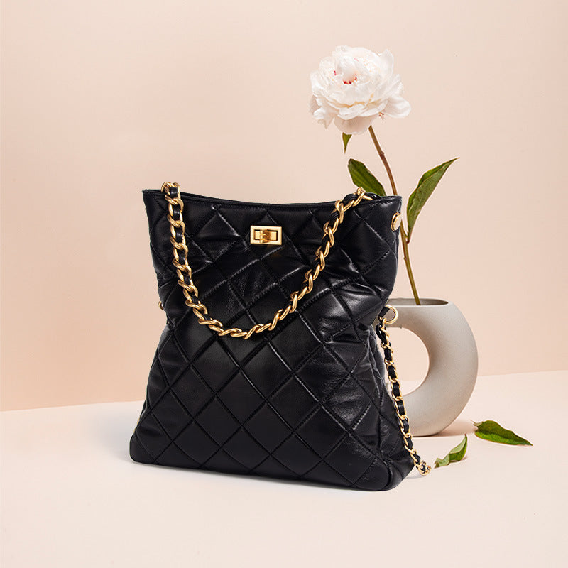 Women’s Quilted Genuine Leather Lock Closure Chain Strap Shoulder Bag image 4