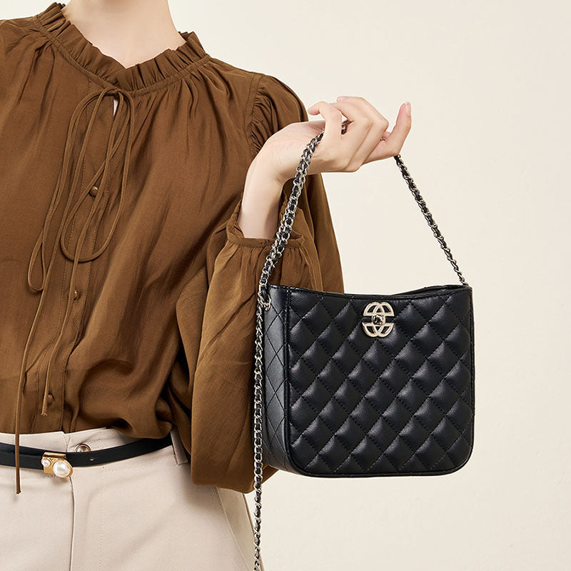 Women’s Quilted Genuine Leather Minimalist Chain Bucket Bag image 4