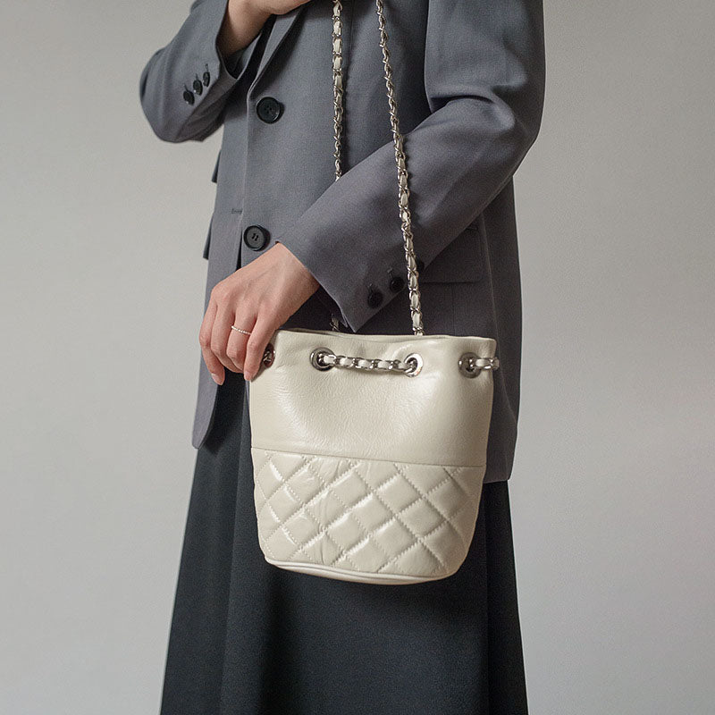 Women’s Quilted Genuine Leather Minimalist Crossbody Chain Bucket Bags image 5