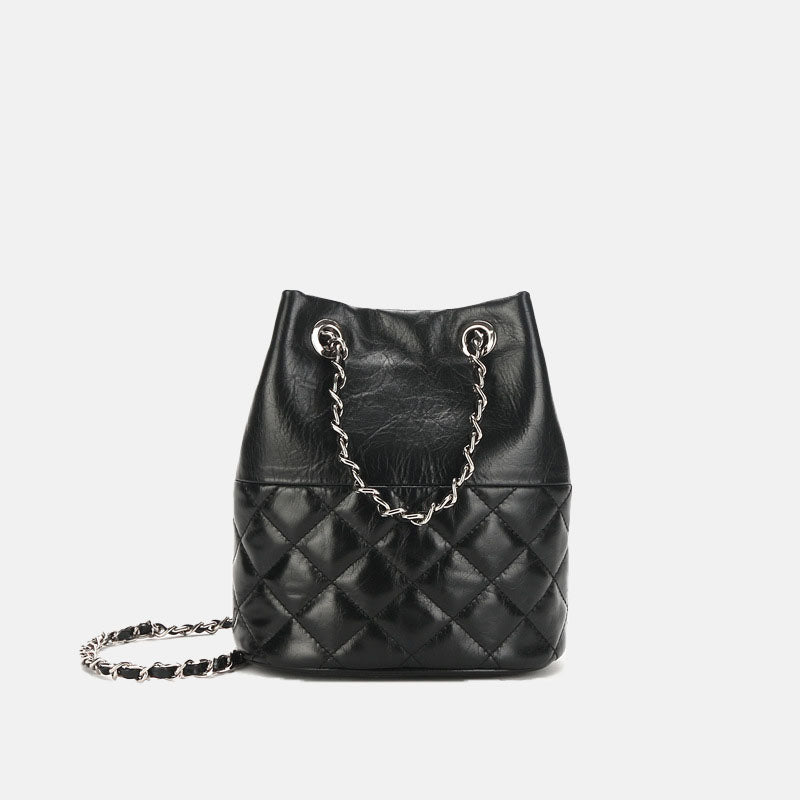Women’s Quilted Genuine Leather Minimalist Crossbody Chain Bucket Bags image 2