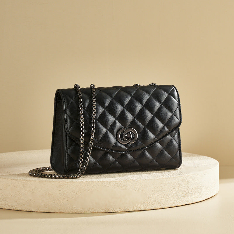 Women’s Quilted Genuine Leather Rotating Lock Chain Shoulder Crossbody Bag image 2