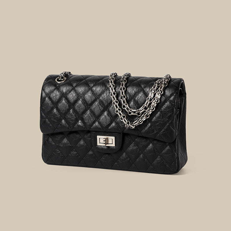 Women’s Quilted Leather Lock Clasp Crossbody Chain Baguette Bags In Black image 2