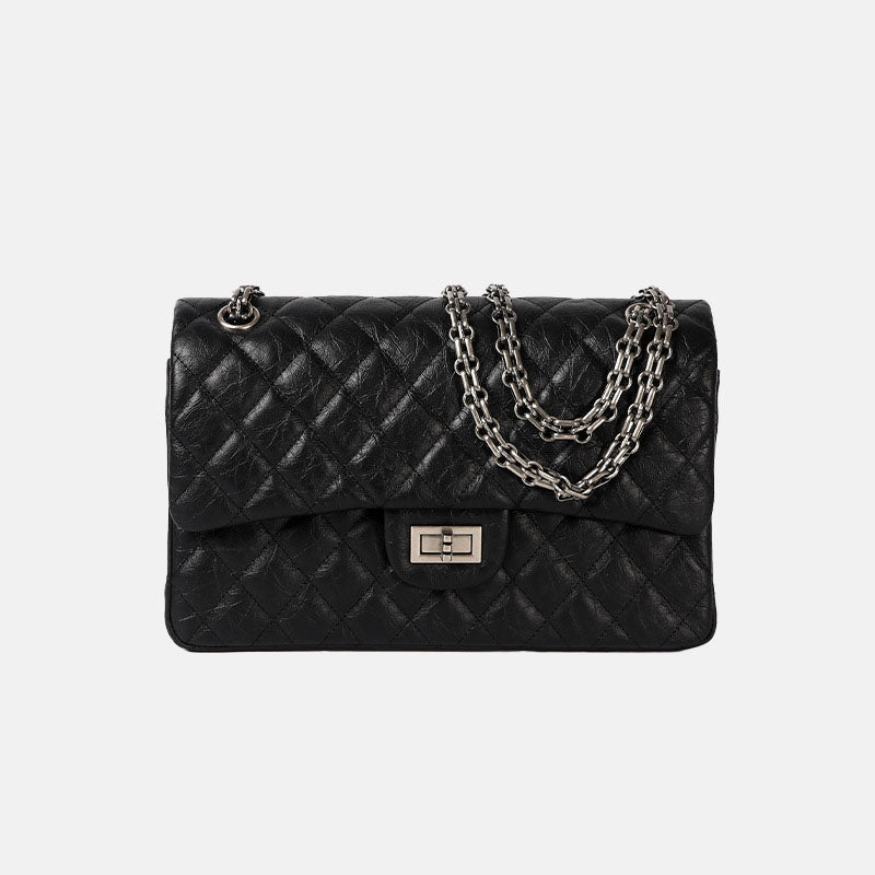 Women’s Quilted Leather Lock Clasp Crossbody Chain Baguette Bags In Black image