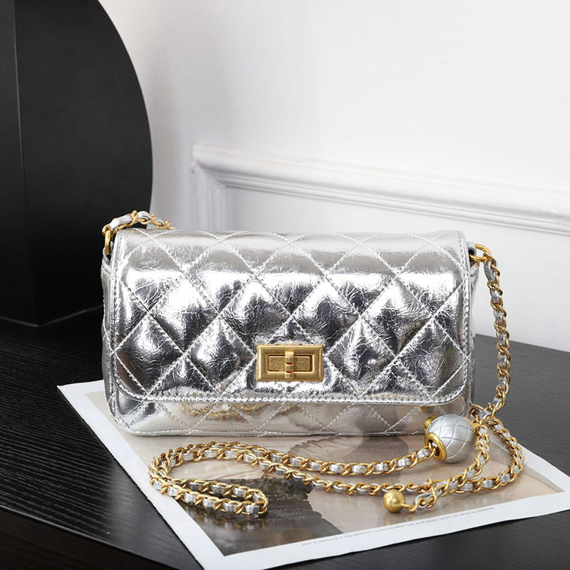 Women’s Quilted Waxed Leather Crossbody Chain Bag In Gold Hardware image 4